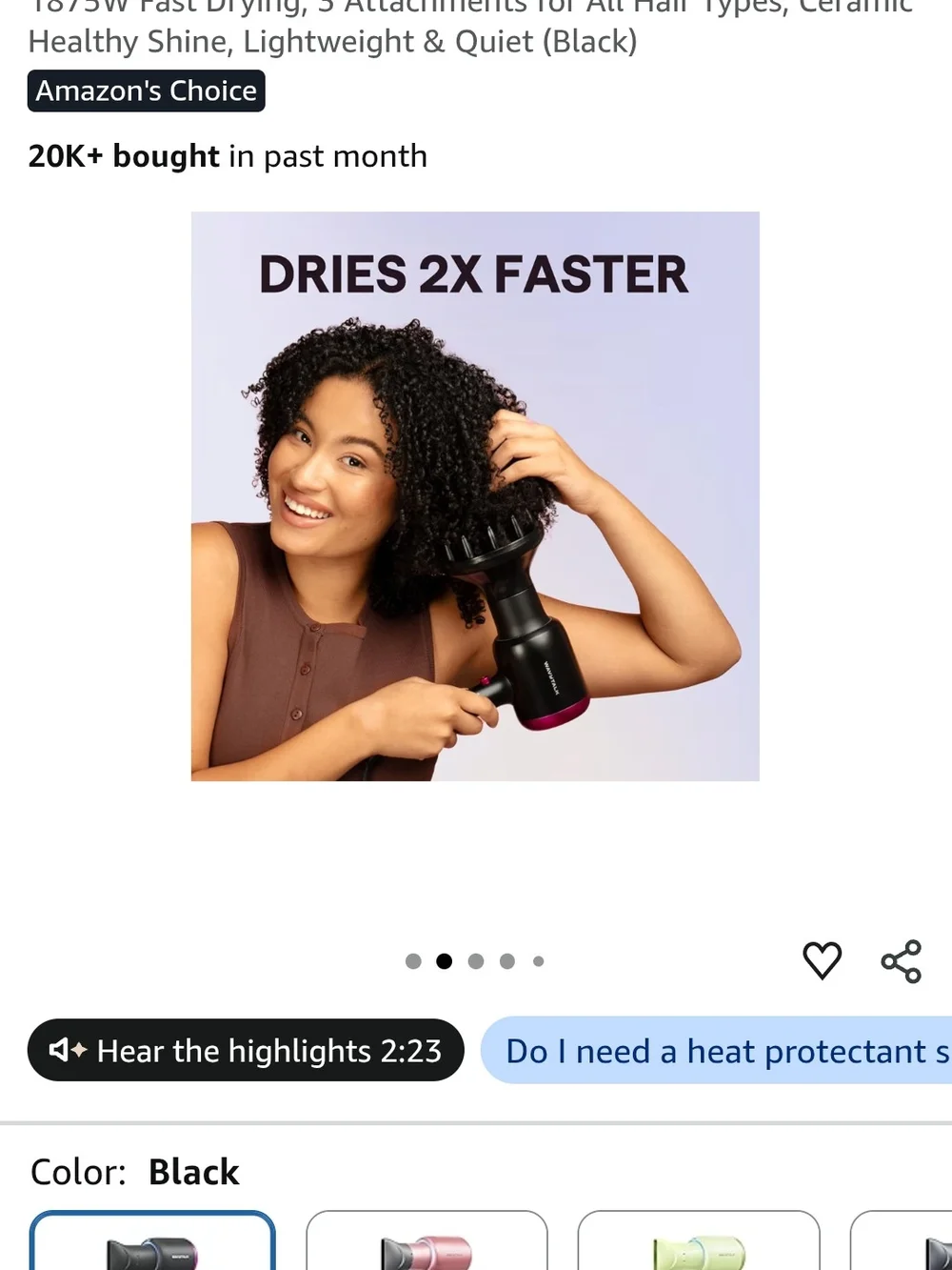 Black Ceramic Hair Dryer with 3 Attachments - Lightweight Fast Drying
